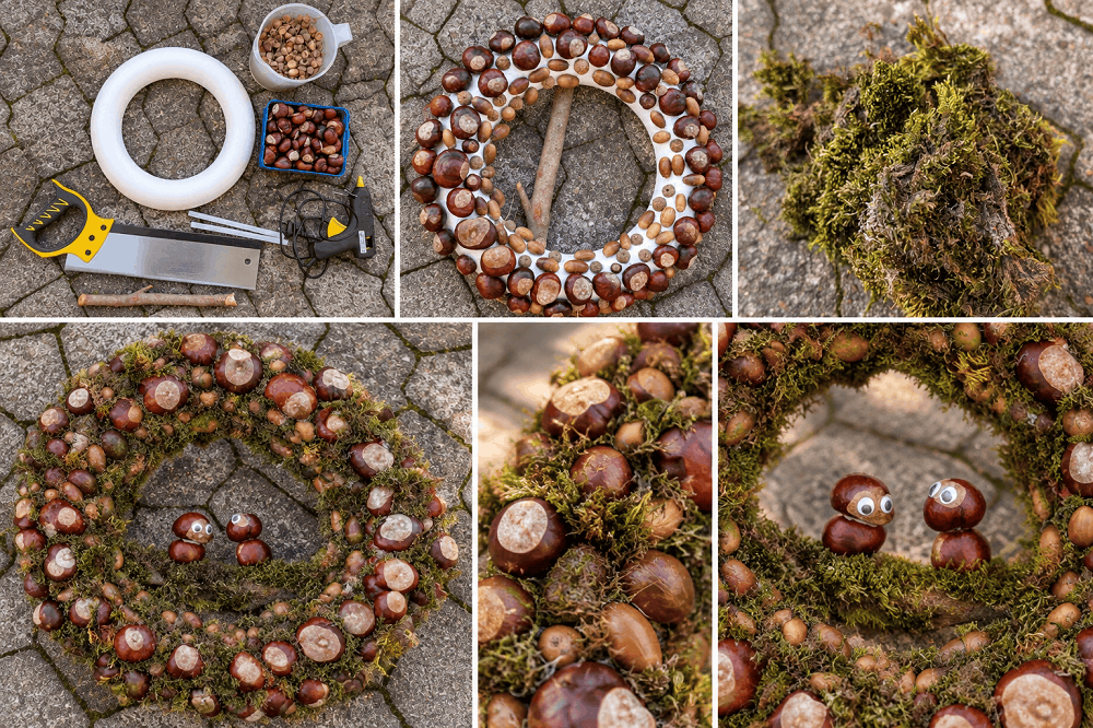 Herbstkranz mit Kastanien und Moos